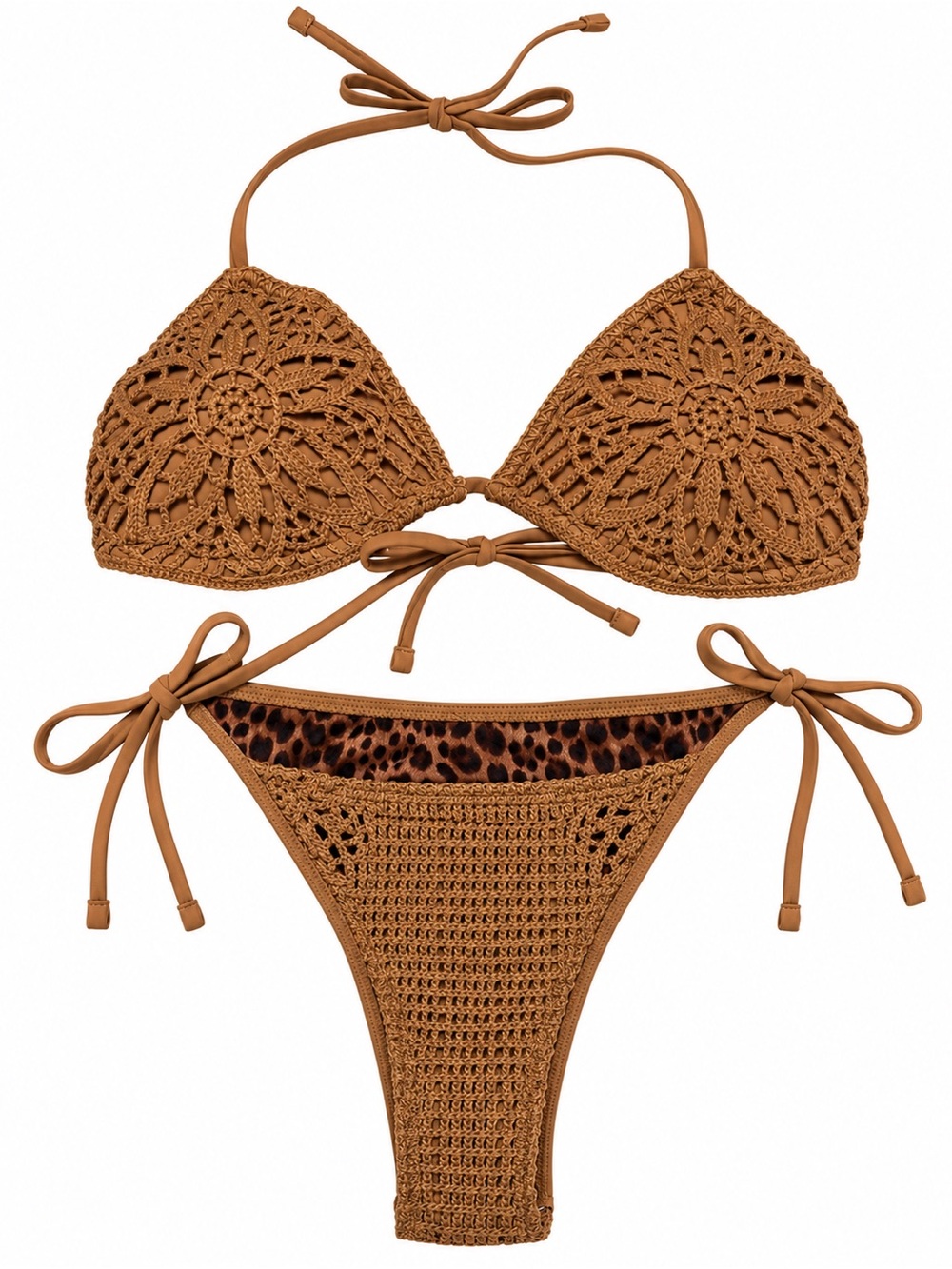 NWT Aerie  Brown Crochet  Tie Bikini Set with Leopard Lining